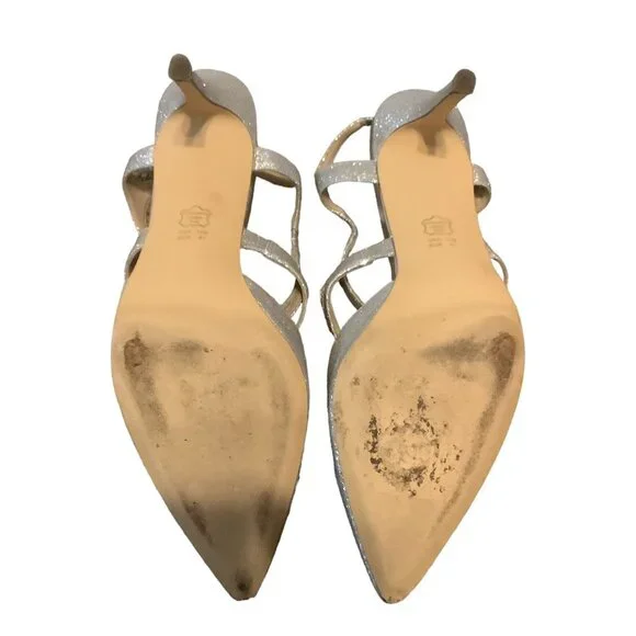 Nina Cianna Platino Glitter Pumps Women 11‎ Silver Strappy Pointed Toe Leather - Picture 5 of 9